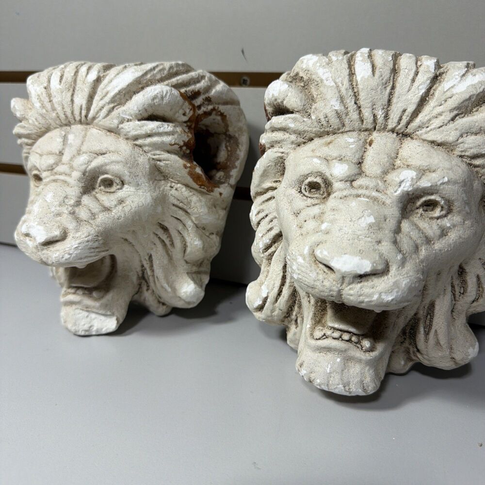 Vintage Plaster Lion Head Wall Plaque Gothic Heraldic Architectural Decor Set 2